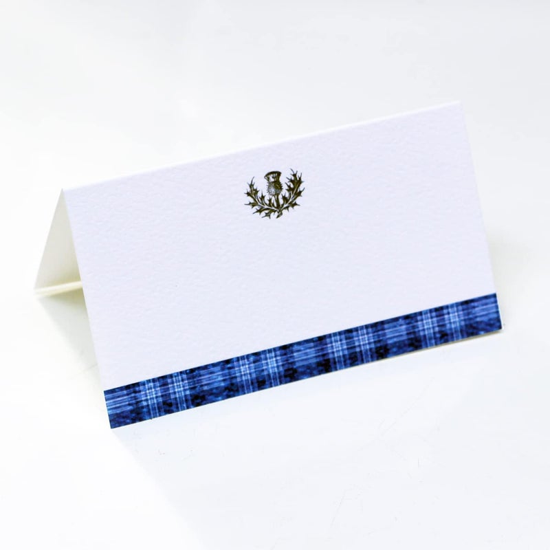 Nancy Nikko Place Cards with Blue Tartan Plaid and Scottish Thistle Design for Weddings Showers and Holiday and Dinner Parties Table Tent Style Scored for easy folding 50 - Image 1