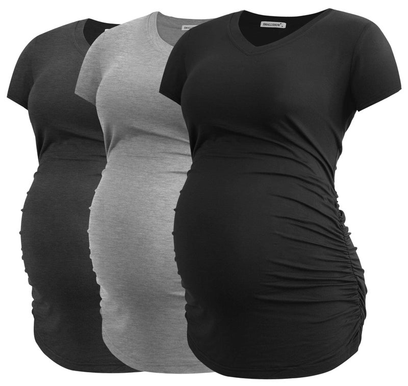 Smallshow Women's V Neck Maternity Shirt Side Ruched Tunic Pregnancy Short Sleeve Top Clothes 3-Pack Black/Deep Grey/Light Grey X-Large