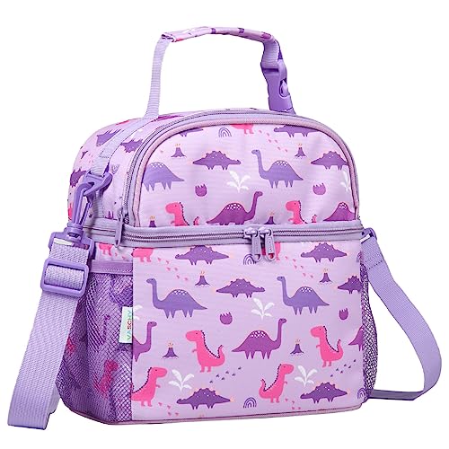 Vaschy Lunch Box Bag for Kids,VASCHY Insulated Double Compartments Cooler Lunch Tote for Toddlers Girls School/Daycare/Picnic Lilac Dinos - Image 1