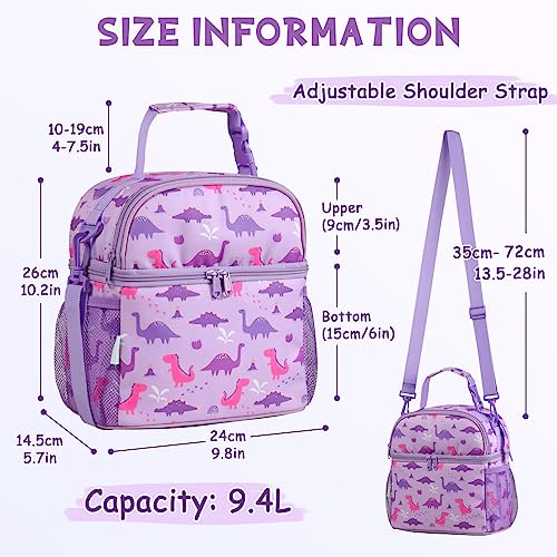 Vaschy Lunch Box Bag for Kids,VASCHY Insulated Double Compartments Cooler Lunch Tote for Toddlers Girls School/Daycare/Picnic Lilac Dinos - Image 2
