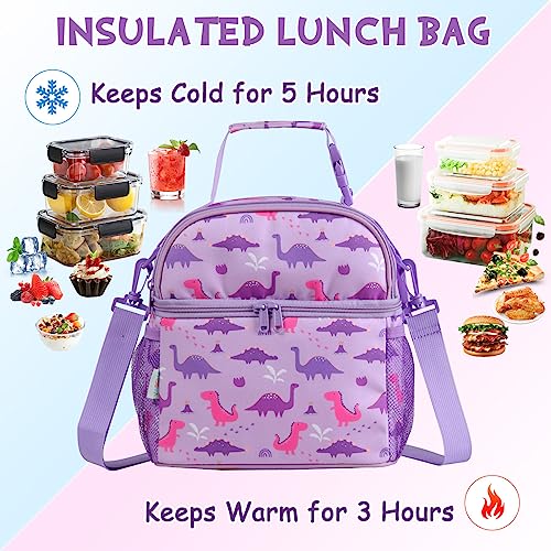 Vaschy Lunch Box Bag for Kids,VASCHY Insulated Double Compartments Cooler Lunch Tote for Toddlers Girls School/Daycare/Picnic Lilac Dinos - Image 4