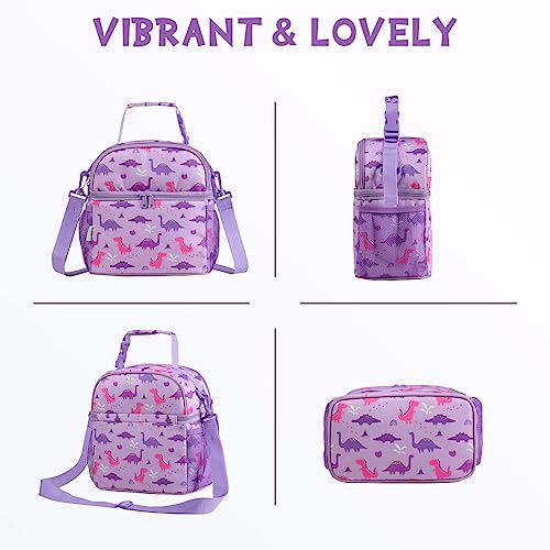 Vaschy Lunch Box Bag for Kids,VASCHY Insulated Double Compartments Cooler Lunch Tote for Toddlers Girls School/Daycare/Picnic Lilac Dinos - Image 5