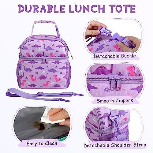 Vaschy Lunch Box Bag for Kids,VASCHY Insulated Double Compartments Cooler Lunch Tote for Toddlers Girls School/Daycare/Picnic Lilac Dinos - Image 3