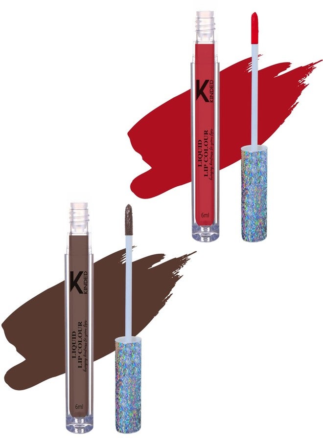 KINDED Liquid Lip Colour Vitamin E Enriched No Transfer Waterproof Long Stay Lipsticks Lip Gloss Set for Girls Women (Combo Pack of 2, 6 ml each, Matte Finish, Shades Brick Red & Choco Brown) - Image 1