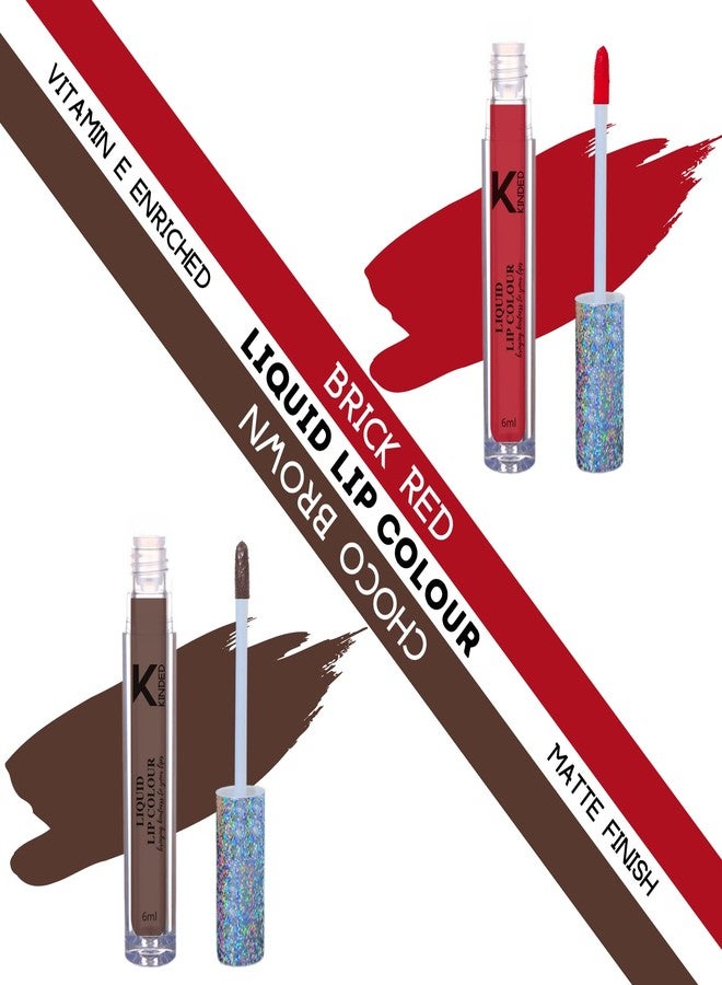 KINDED Liquid Lip Colour Vitamin E Enriched No Transfer Waterproof Long Stay Lipsticks Lip Gloss Set for Girls Women (Combo Pack of 2, 6 ml each, Matte Finish, Shades Brick Red & Choco Brown) - Image 2