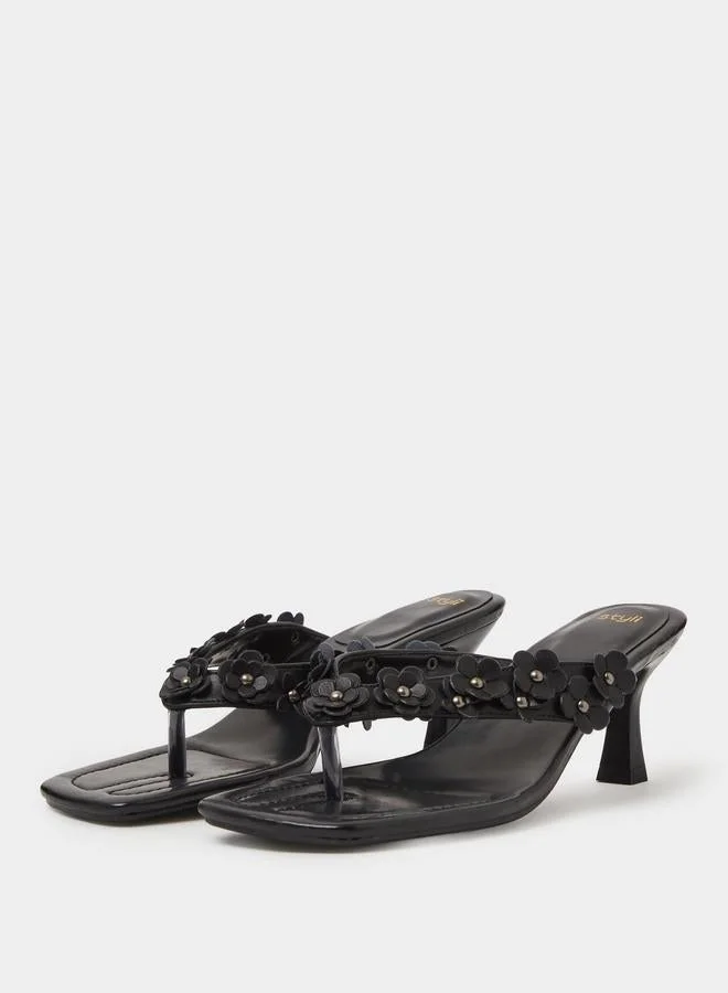 Styli Black Floral Details Mid Heel Mules