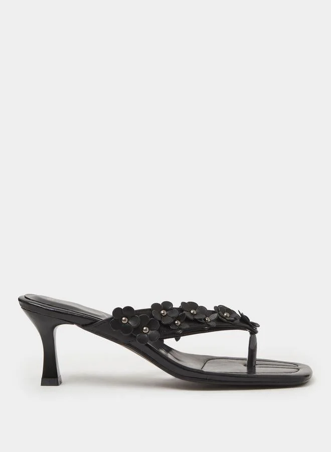 Styli Black Floral Details Mid Heel Mules