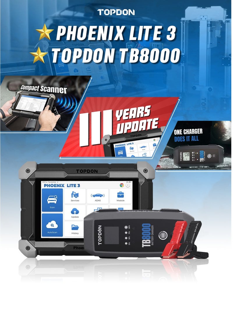 TOPDON Phoenix Lite 3 + TB8000 – All-in-One Car Diagnostic Scanner & Smart Battery Charger – 35+ Reset Functions, Bi-Directional Control, 6V/12V Battery Support