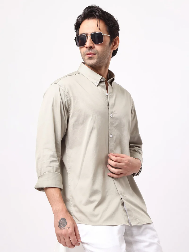 مانياك Maniac Mens Solid Collared Neck Full Sleeve Soft Twill Fabric Mist Green Shirt