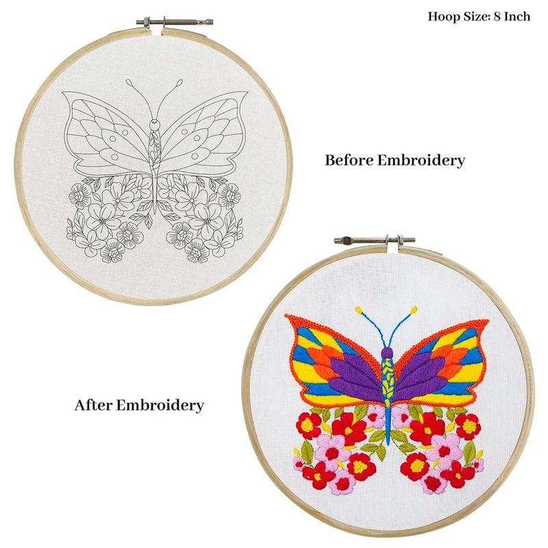 picknMAKE طقم تطريز كروس ستش للمبتدئين والبالغين، يتضمن فراشة بأجنحة زهور ملونة، قماش مطبوع، أوراق تعليمات، خيوط وإبر، جميع المواد مشمولة، متعدد الألوان - Image 2