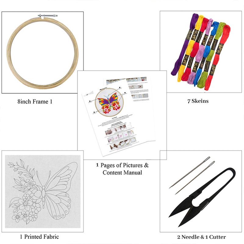 picknMAKE طقم تطريز كروس ستش للمبتدئين والبالغين، يتضمن فراشة بأجنحة زهور ملونة، قماش مطبوع، أوراق تعليمات، خيوط وإبر، جميع المواد مشمولة، متعدد الألوان - Image 3