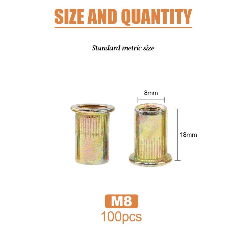 Keadic 100Pcs M8 Rivet Nuts Metric Zinc Plated Rivet Nut Carbon Steel Rivet Nut Flat Head Threaded Insert Kit Threaded Rivet Insert Nutsert Rivnuts Kit for Furniture - Image 2