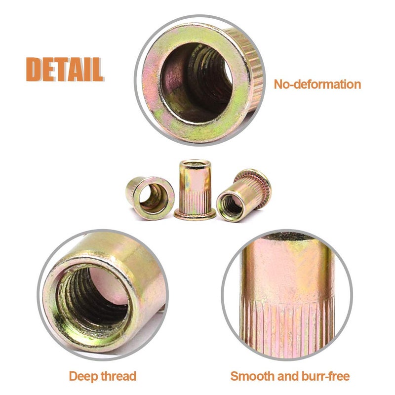 Keadic 100Pcs M8 Rivet Nuts Metric Zinc Plated Rivet Nut Carbon Steel Rivet Nut Flat Head Threaded Insert Kit Threaded Rivet Insert Nutsert Rivnuts Kit for Furniture - Image 5