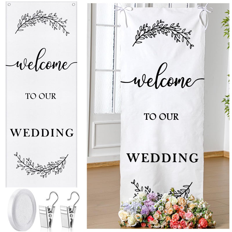 Yousoontic Welcome to Our Wedding Linen Rustic Wedding Welcome Banner Plain Ceremony Banner with Satin Ribbon and Retaining Clip for Ceremony, Arch, Reception Backdrop - Image 1
