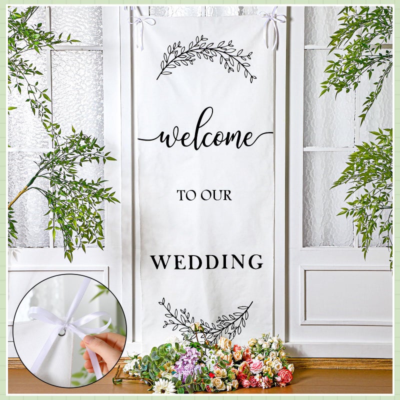 Yousoontic Welcome to Our Wedding Linen Rustic Wedding Welcome Banner Plain Ceremony Banner with Satin Ribbon and Retaining Clip for Ceremony, Arch, Reception Backdrop - Image 3