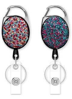 Y&D Retractable ID Badge Holder Set, Multipurpose Shiny Bling Rhinestone Reel Keychain with Belt Clip, Key Ring, Strap for Nurse, Teacher, Student, Office Worker (2 Pack)  - Image 1