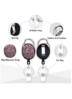 Y&D Retractable ID Badge Holder Set, Multipurpose Shiny Bling Rhinestone Reel Keychain with Belt Clip, Key Ring, Strap for Nurse, Teacher, Student, Office Worker (2 Pack)  - Image 2