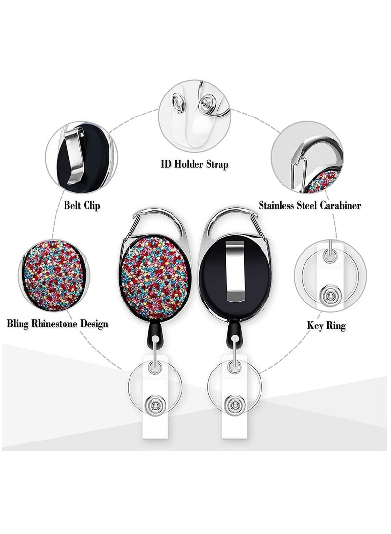Y&D Retractable ID Badge Holder Set, Multipurpose Shiny Bling Rhinestone Reel Keychain with Belt Clip, Key Ring, Strap for Nurse, Teacher, Student, Office Worker (2 Pack)  - Image 2