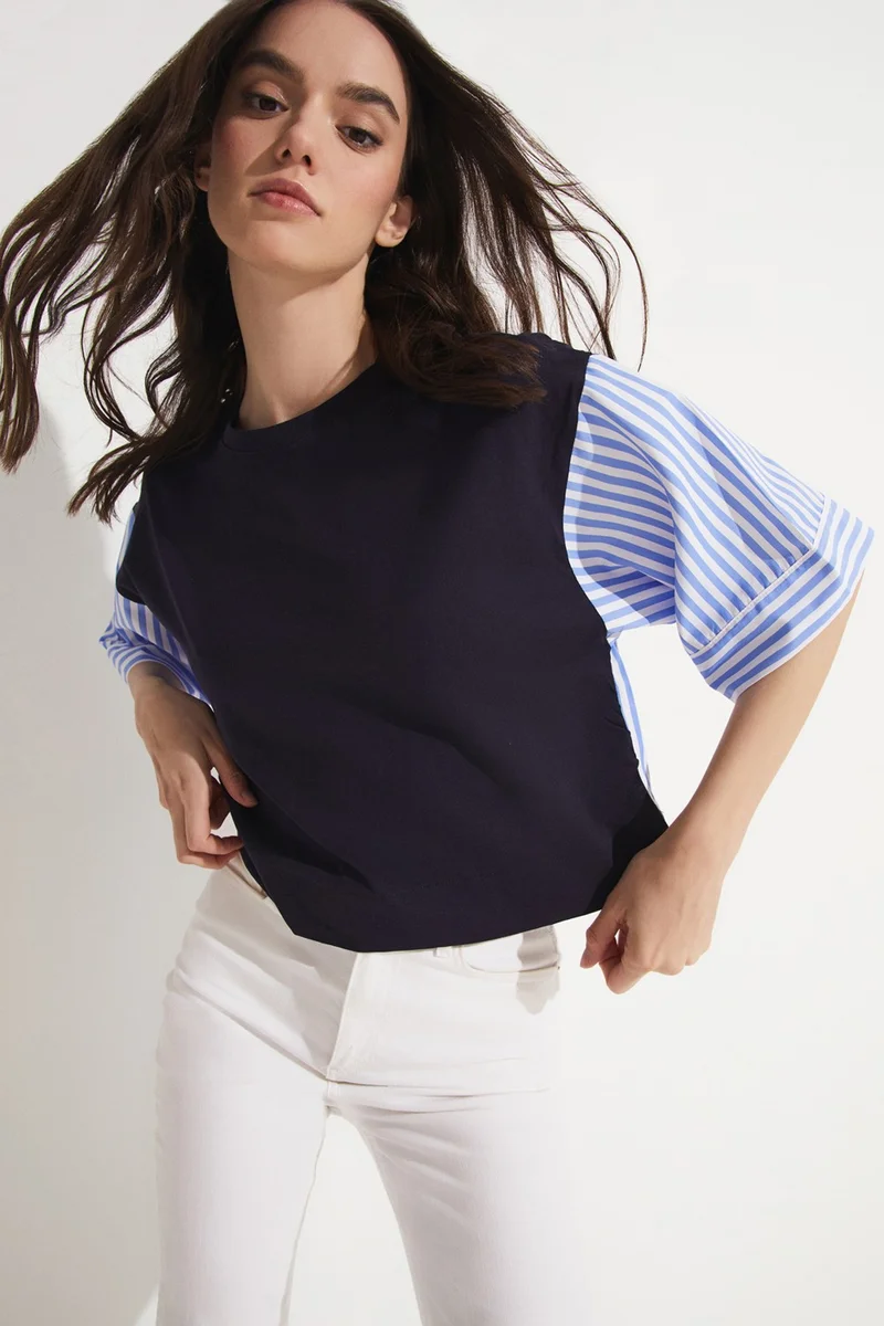 JUNE Striped Detailed 100% Cotton T-Shirt