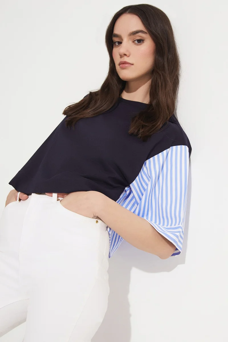 JUNE Striped Detailed 100% Cotton T-Shirt