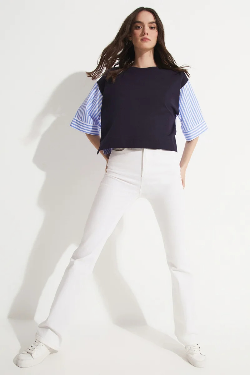 JUNE Striped Detailed 100% Cotton T-Shirt
