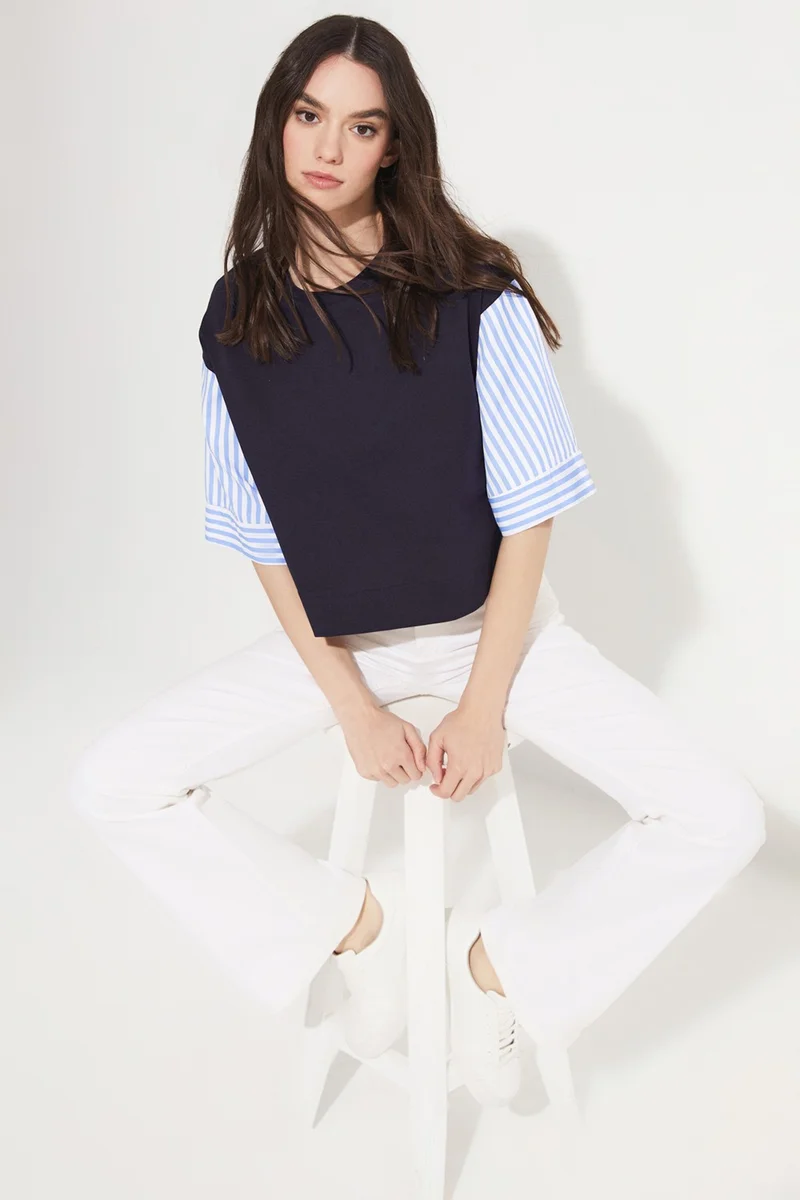 JUNE Striped Detailed 100% Cotton T-Shirt
