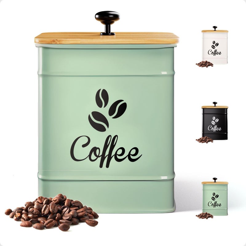 HB Design Co. Airtight Coffee Canister - 40 oz Large Iron Sage Green Container Airtight - 6 x 8 inch Metal Jar - Stylish Countertop Container for Coffee Grounds, Beans & Pods with Rubber-Lined Bamboo Lid - Image 1