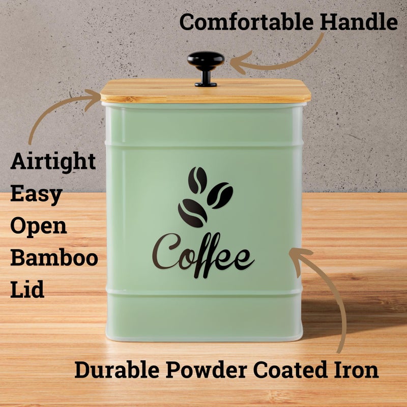 HB Design Co. Airtight Coffee Canister - 40 oz Large Iron Sage Green Container Airtight - 6 x 8 inch Metal Jar - Stylish Countertop Container for Coffee Grounds, Beans & Pods with Rubber-Lined Bamboo Lid - Image 2