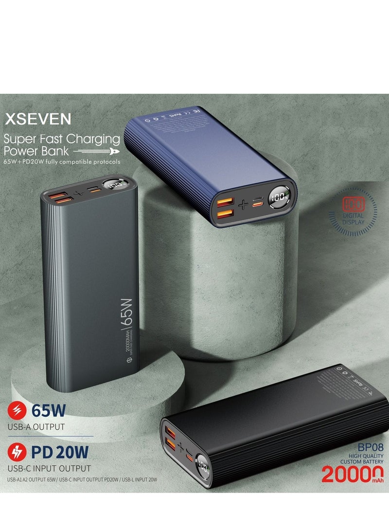 إكسيفين بنك طاقة XSEVEN فائق السرعة بسعة 20000 مللي أمبير/ساعة، شحن سريع 65 واط، PD20W، مخرجات USB-C وQC65W مزدوجة، تصميم فاخر - Image 5