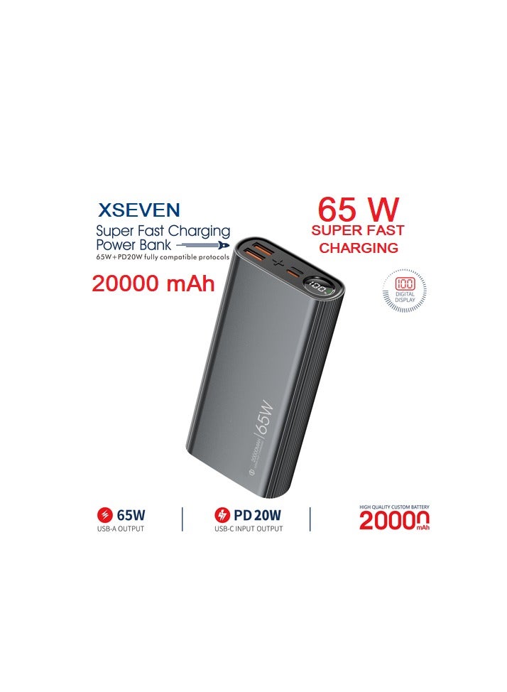 إكسيفين بنك طاقة XSEVEN فائق السرعة بسعة 20000 مللي أمبير/ساعة، شحن سريع 65 واط، PD20W، مخرجات USB-C وQC65W مزدوجة، تصميم فاخر - Image 2