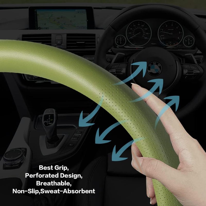 VARGTR Car Steering Wheel Cover,Universal 15 Inch Premium Leather Car Steering Wheel Cover,Best Grip,Perforated Design,Breathable,Non-Slip,Sweat-Absorbent,Warm in Winter and Cool in Summer (Green) - Image 2