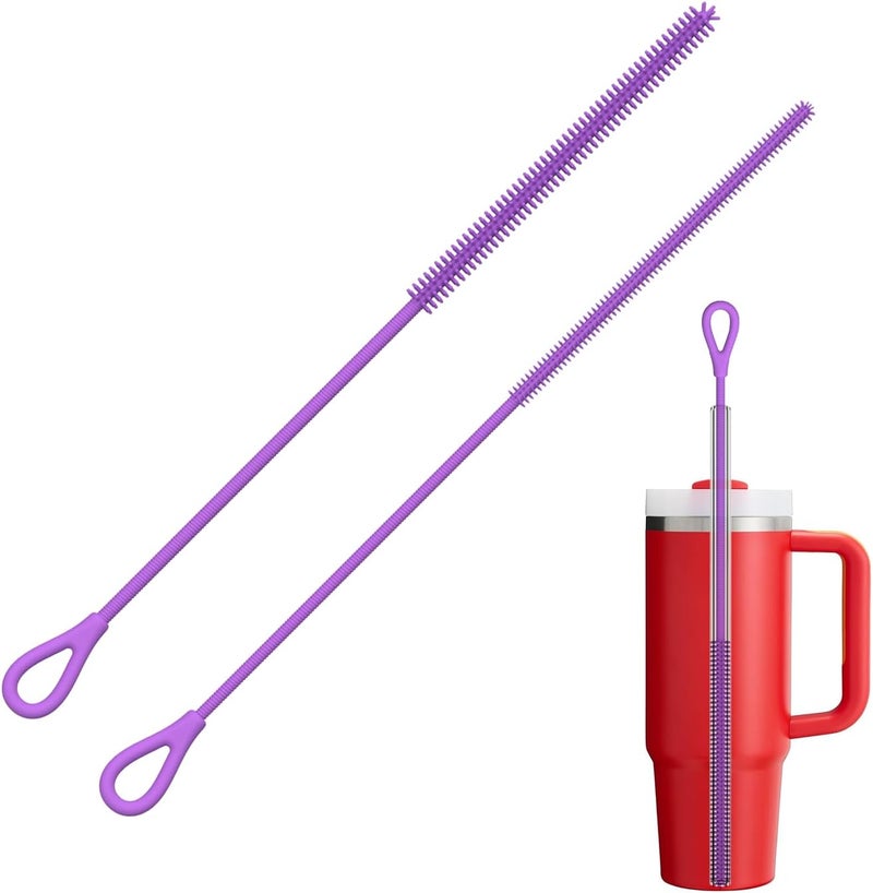 YOTIME Silicone Straw Cleaner Brush, 2Pcs Reusable Straw Brush Extra Long for Cleaning Tumbler with Handle and Glass Metal Smoothie Straws, Non-slip Handle Soft and Bendable, 6mm+9mm, Purple - Image 1