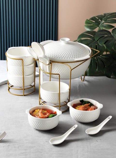 16-Piece Porcelain Soup & Bowl Set White With Gold Stand 10.25 Inch