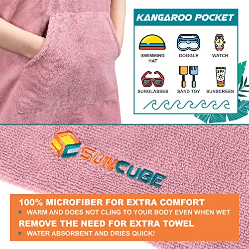 Suncube SUN CUBE Kids Changing Robe Surf Poncho, Kids Beach Towels, Hooded Towel for Toddler Bath Pool, Microfiber Quick Dry Wearable Towel Poncho with Hood, Swim Towel for Girls 3-7 Years, Light Pink - Image 3