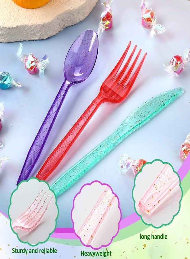 Zhehao 405 Pcs Hard Plastic Utensils Plastic Silverware Set Cutlery Set Disposable Flatware Dinnerware Forks 135 Spoons and Knives Birthday Wedding Party Dinner(Glitter,Rainbow Colors) - Image 3