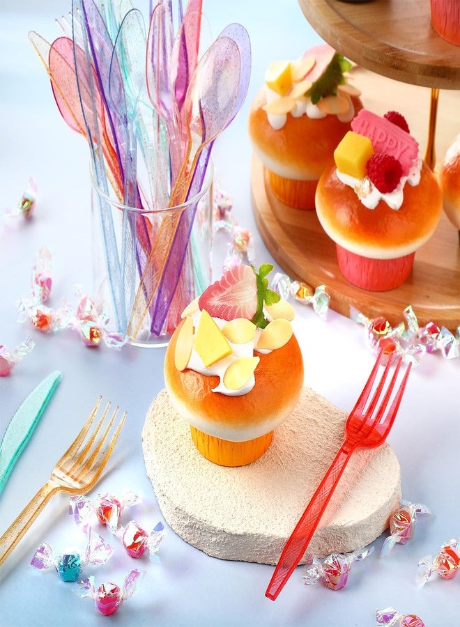 Zhehao 405 Pcs Hard Plastic Utensils Plastic Silverware Set Cutlery Set Disposable Flatware Dinnerware Forks 135 Spoons and Knives Birthday Wedding Party Dinner(Glitter,Rainbow Colors) - Image 4