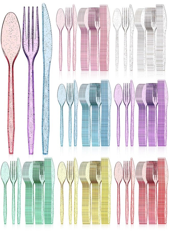 Zhehao 405 Pcs Hard Plastic Utensils Plastic Silverware Set Cutlery Set Disposable Flatware Dinnerware Forks 135 Spoons and Knives Birthday Wedding Party Dinner(Glitter,Rainbow Colors) - Image 1