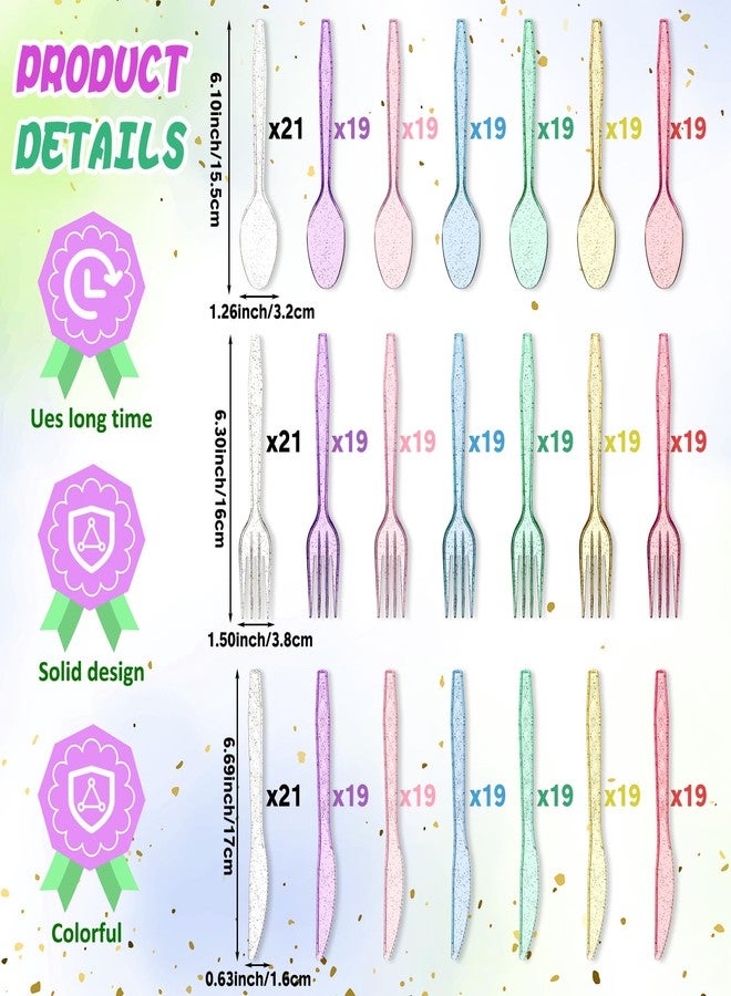 Zhehao 405 Pcs Hard Plastic Utensils Plastic Silverware Set Cutlery Set Disposable Flatware Dinnerware Forks 135 Spoons and Knives Birthday Wedding Party Dinner(Glitter,Rainbow Colors) - Image 2