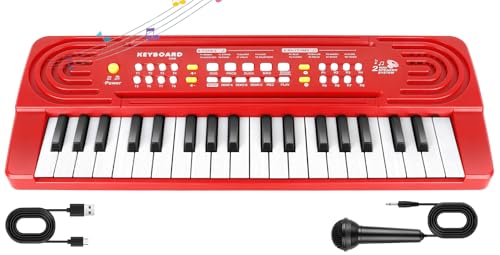 TWFRIC Kids Toddler Toy Piano Keyboard 37 Key Pianos for Kid Music Toys Instruments with Microphone Explore Creativity Perfect Birthday for 38 Year Old Red - Image 1