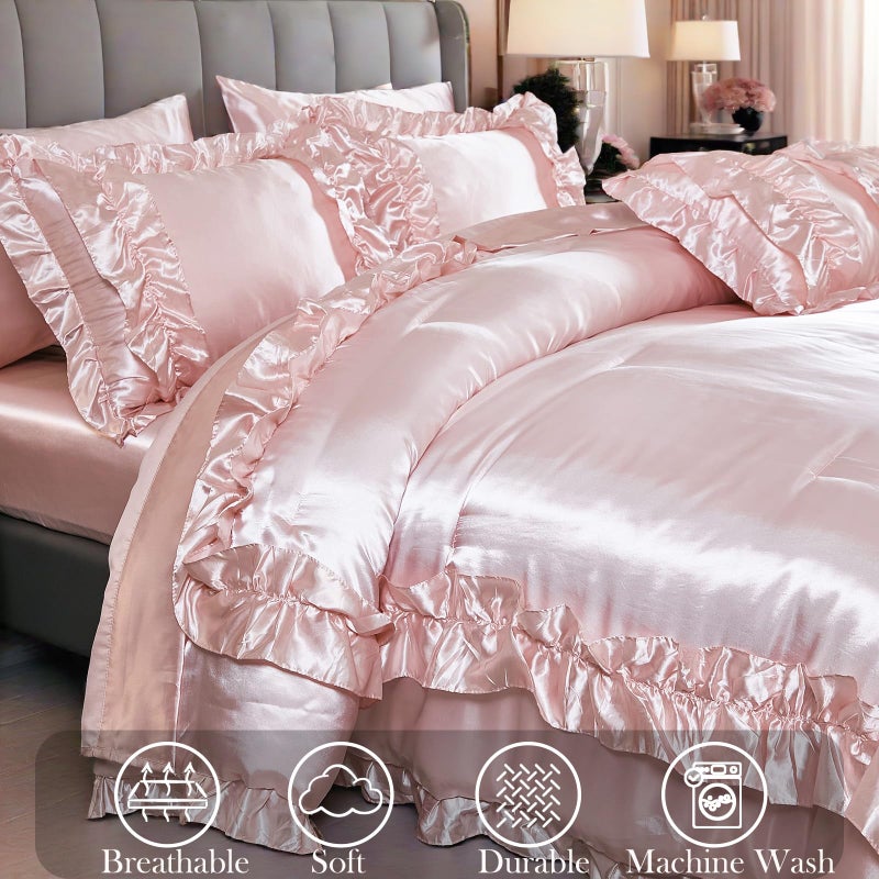 MOVE OVER 8 Pieces Light Pink Comforter Set Queen Size Silk Like Satin Bed in a Bag Boho Chic Farmhouse Style Girls Pink Ruffled Comforter Sets for Bedroom Decor Luxury and Soft Silky Comforter Set - Image 5
