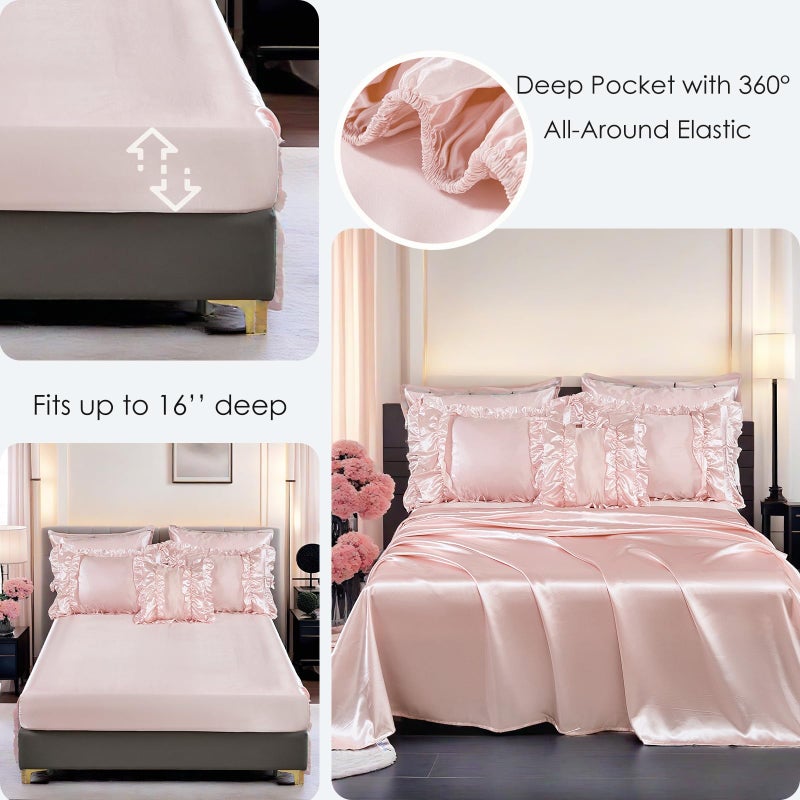 MOVE OVER 8 Pieces Light Pink Comforter Set Queen Size Silk Like Satin Bed in a Bag Boho Chic Farmhouse Style Girls Pink Ruffled Comforter Sets for Bedroom Decor Luxury and Soft Silky Comforter Set - Image 4