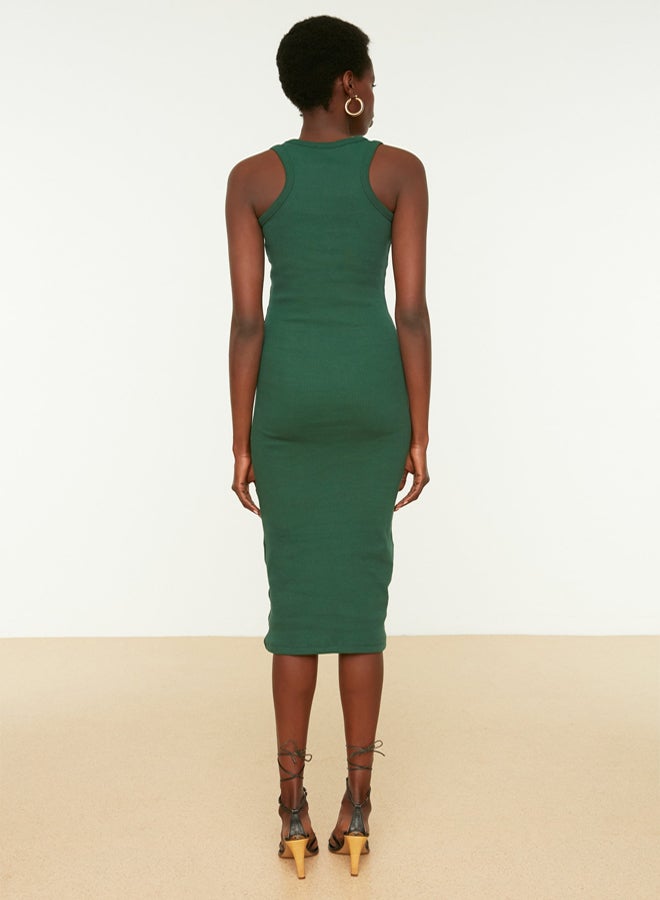 trendyol Dark Green Ribbed Bodycone/Fitting Crew Neck Stretchy Midi Knitted Pencil Dress - Image 5