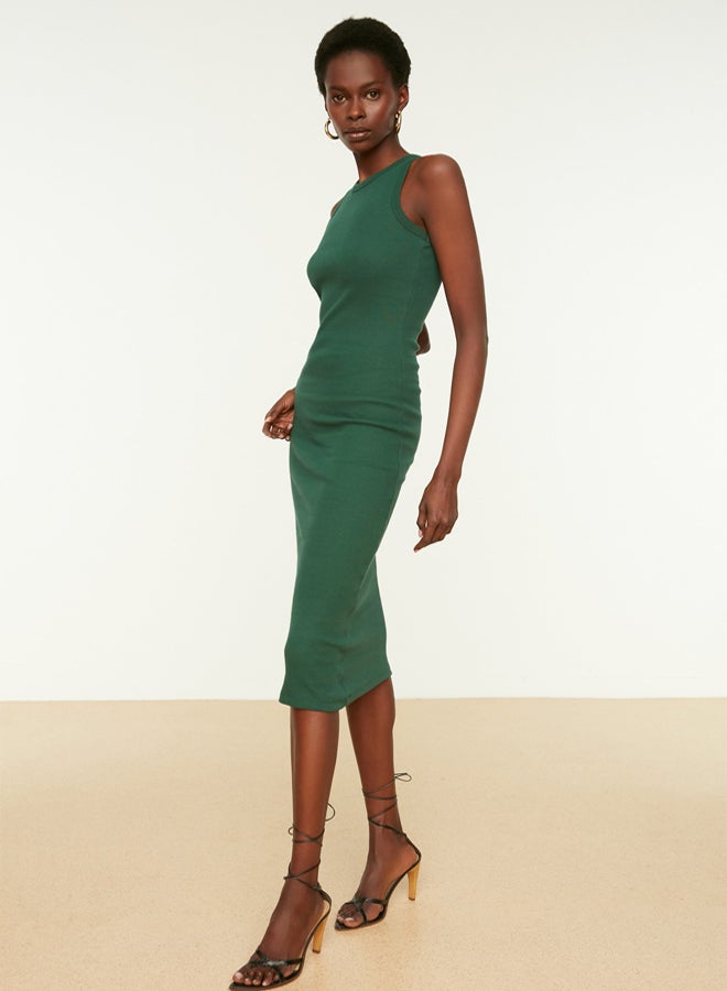 trendyol Dark Green Ribbed Bodycone/Fitting Crew Neck Stretchy Midi Knitted Pencil Dress - Image 4