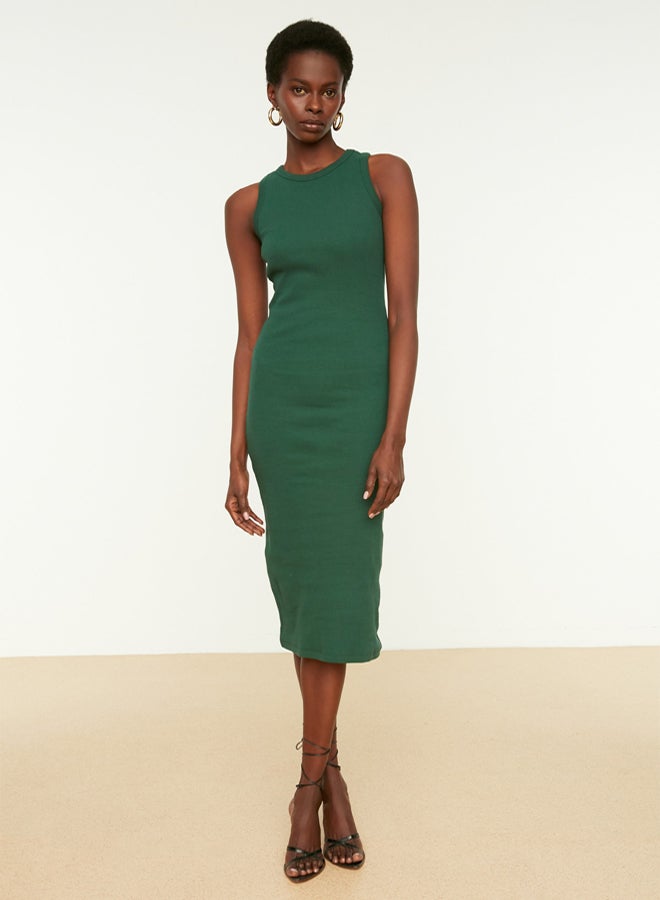 trendyol Dark Green Ribbed Bodycone/Fitting Crew Neck Stretchy Midi Knitted Pencil Dress - Image 2