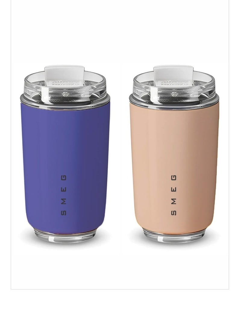 smeg Travel Mug, Insulated Coffee Tumbler, Leak Proof Stainless Steel Thermal Reusable Coffee Cup, Lightweight And Portable Drink Container For Office Traveling, (Pack Of 2pcs, 350ML, Purple And Pink)