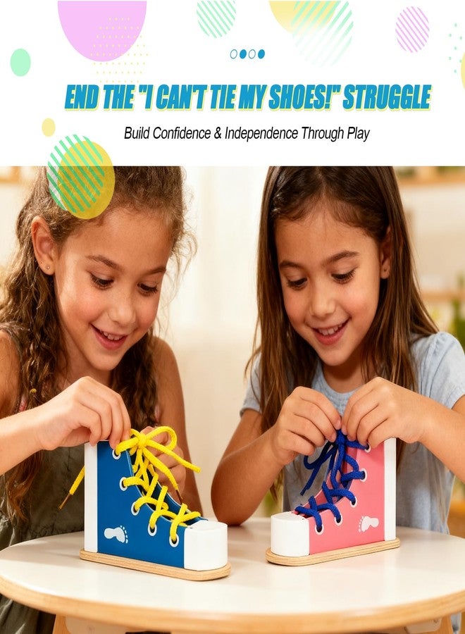 2-Pack Learn to Tie Shoes for Kids, Wooden Lacing Sneaker Toy (Blue & Pink) - Shoelace Tying Practice Board, Montessori Educational Toy for Toddlers Ages 4-8 - Image 2