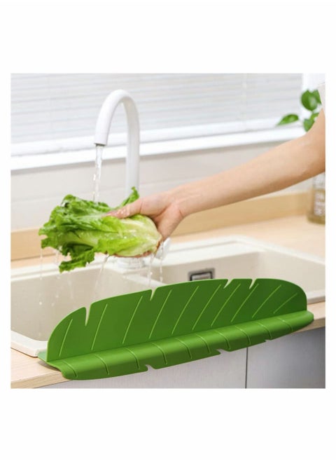 Kitchen Bathroom Sink Splashback, Water Baffle, Premium Leaf Silicone Backsplash Behind Faucet, Upgraded Design Dish Washing Anti Splash Suction Plate (Green)