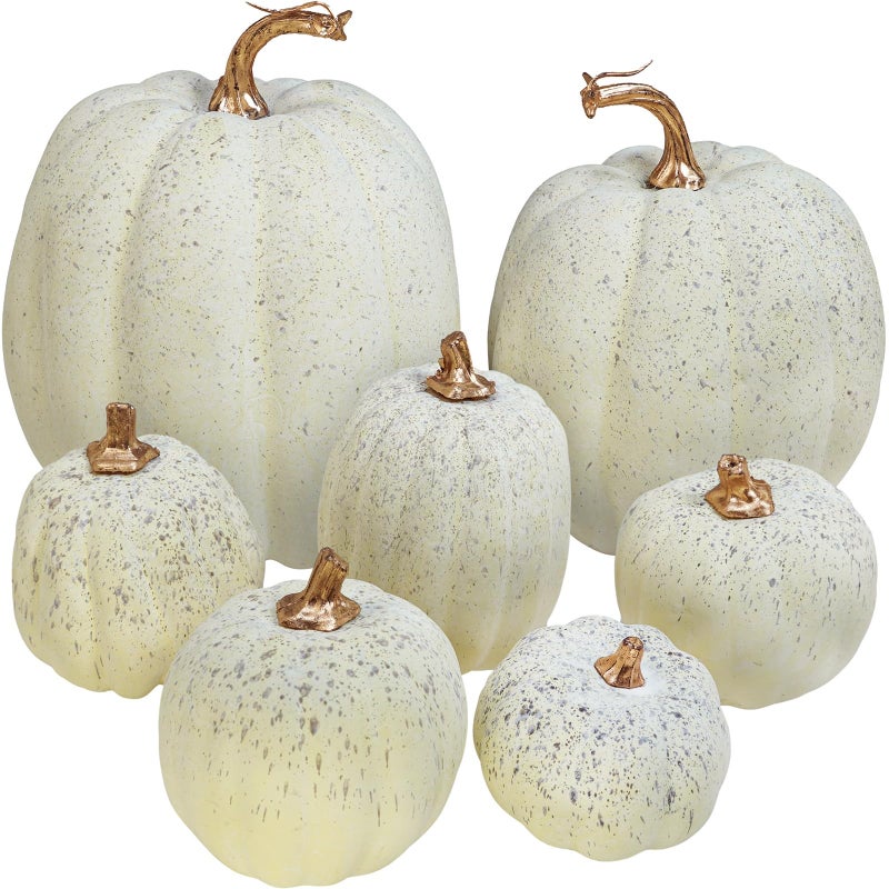 Winlyn 7 Pcs Assorted Sizes Harvest Cream Artificial Pumpkins Faux Cream Pumpkins Foam Decorative Pumpkins for Fall Farmhouse Autumn Wedding Halloween Thanksgiving Rustic Harvest Table Centerpiece - Image 1