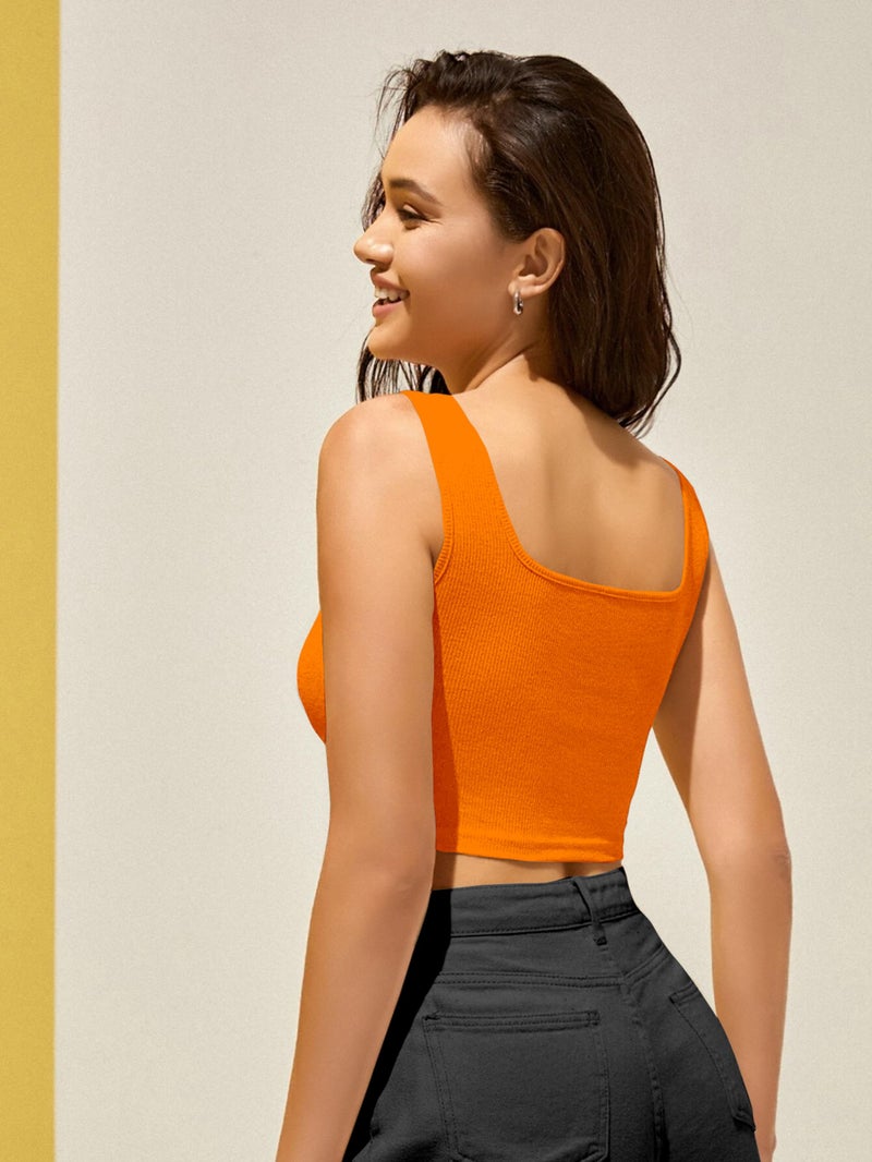 Berry&Bird BERRY BIRD Women Ribbed Classic Fit ® Sleeveless Square Neck Crop Tops For Gym, Beach,And Casual Stylish Wear Tank Top, Large, Orange - Image 2