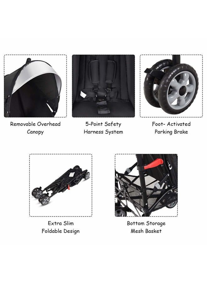 Honey Joy Baby Lightweight Stroller, Compact Travel Stroller for Airplane, Adjustable Backrest & Canopy, 5-Point Harness, Cup Holder, Storage Basket, Foldable Umbrella Stroller for Toddlers (Black) - Image 4